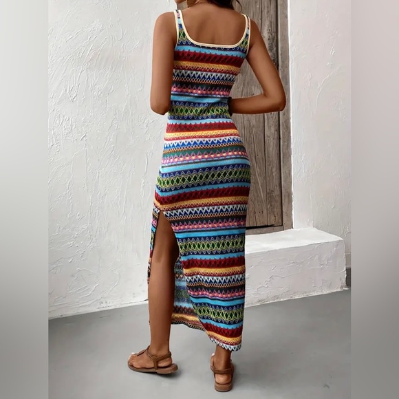 New Striped Pattern Square Neck Tank Dress Sleeveless Slit Boho Multicolored NWT - Picture 4 of 16